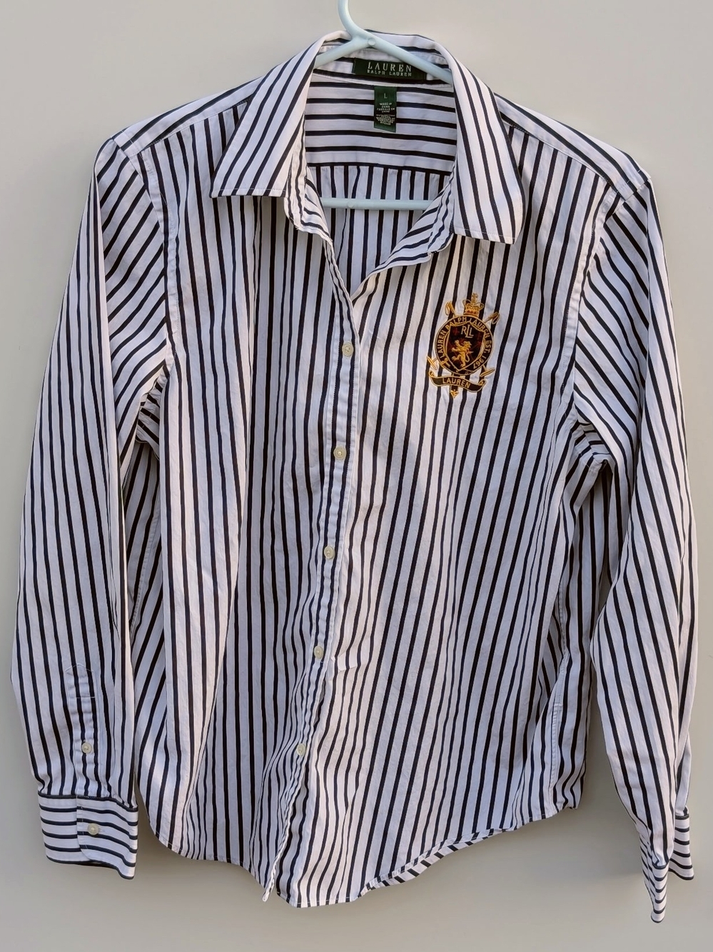 Lauren Ralph Lauren Vintage White and Black Striped Crest Button-Up Shirt